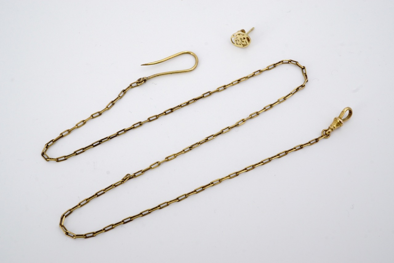 A lady's antique yellow-metal (tested as gold) fob watch guard chain, with French hook and swivel,