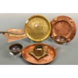 A collection of antique domestic copper and brass, including a Sankey crumb tray and brush, a hand-