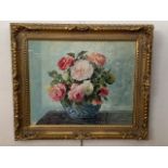 T*** Bazeley (20th Century), Luminous still-life study of a rose bowl and blooms, in a moulded
