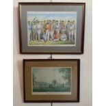 Two cricket prints, "Famous English Cricketers - 1880", 52 × 40 cm and "A Match at Hambledon