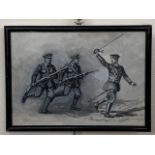 An en grisaille watercolour study of Great War British soldiers charging with bayonets fixed,