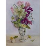 Lilian Hall (Contemporary), Still-life study of lilies and primroses in a Georgian wine glass,