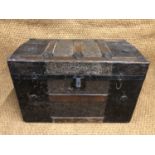A fine Victorian luggage trunk of diminutive stature, decorated with embossed sheet brass panels and