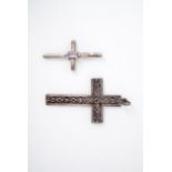 Two white metal and amethyst cruciform pendants, 4 cm and 3 cm respectively, 4.6 g