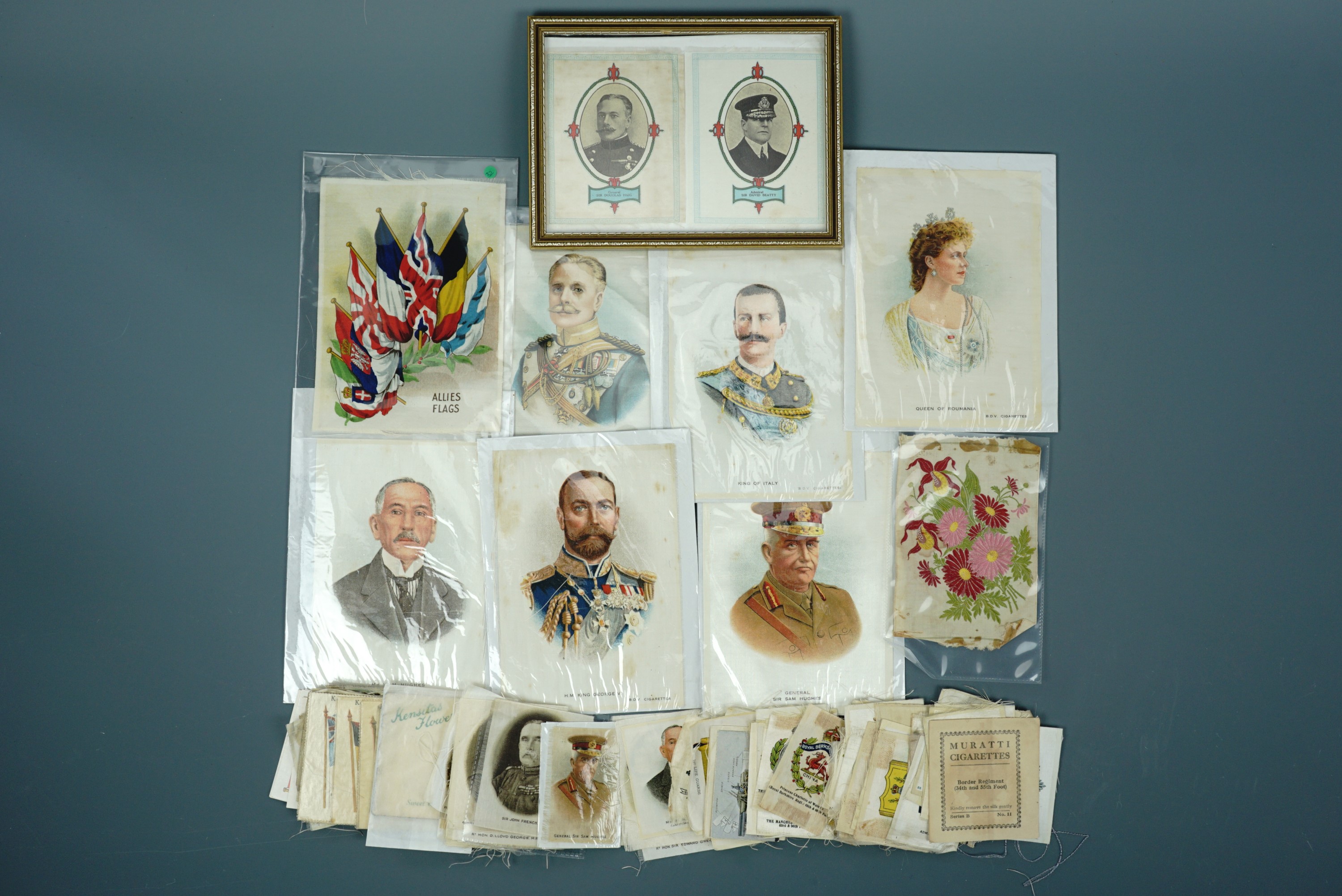 Great War and other cigarette silks including framed portraits of General Sir Douglas Haig and