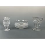 A Richardson's crystal vase, 15 cm high, a cut glass tea light holder and a bowl