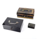 A vintage"Veteran Series" Japanned tinplate cash box and key, an earlier brass-mounted example