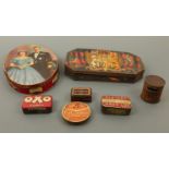 A collection of vintage advertising and other tins, including Columbia Needles, Oxo, Fraser's