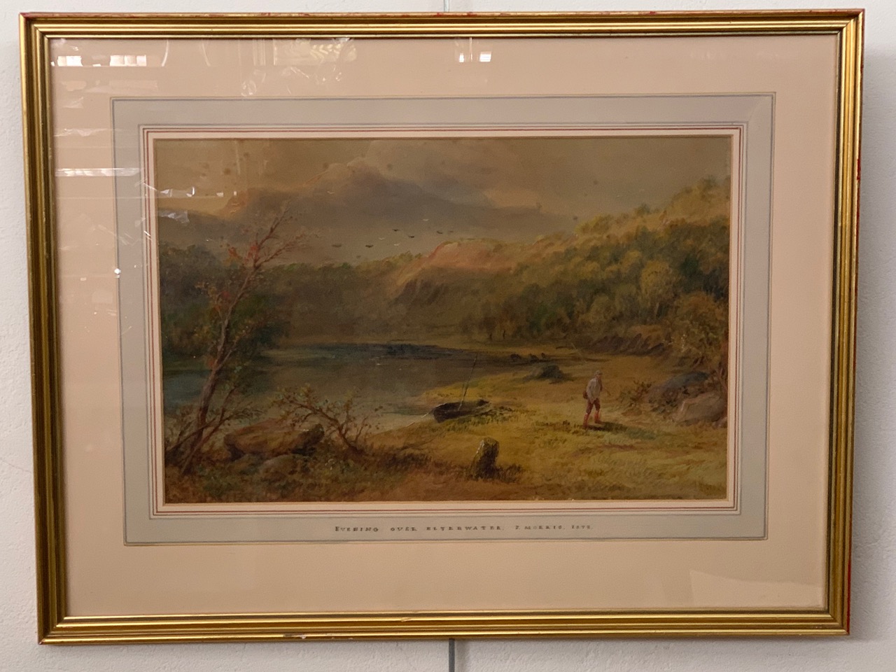 J*** Morris (19th Century), "Evening Over Elterwater", dusk landscape with lone fisherman retreating - Image 2 of 2