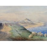 An early 20th Century watercolour view looking north up the Northumbrian coast past sheep, a horse-