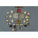 Sundry items of military insignia including a Victorian King's Own Scottish Borderer's cap badge,