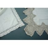 Early 20th Century white tea table cloths, each with tatting lace trims, one embroidered with