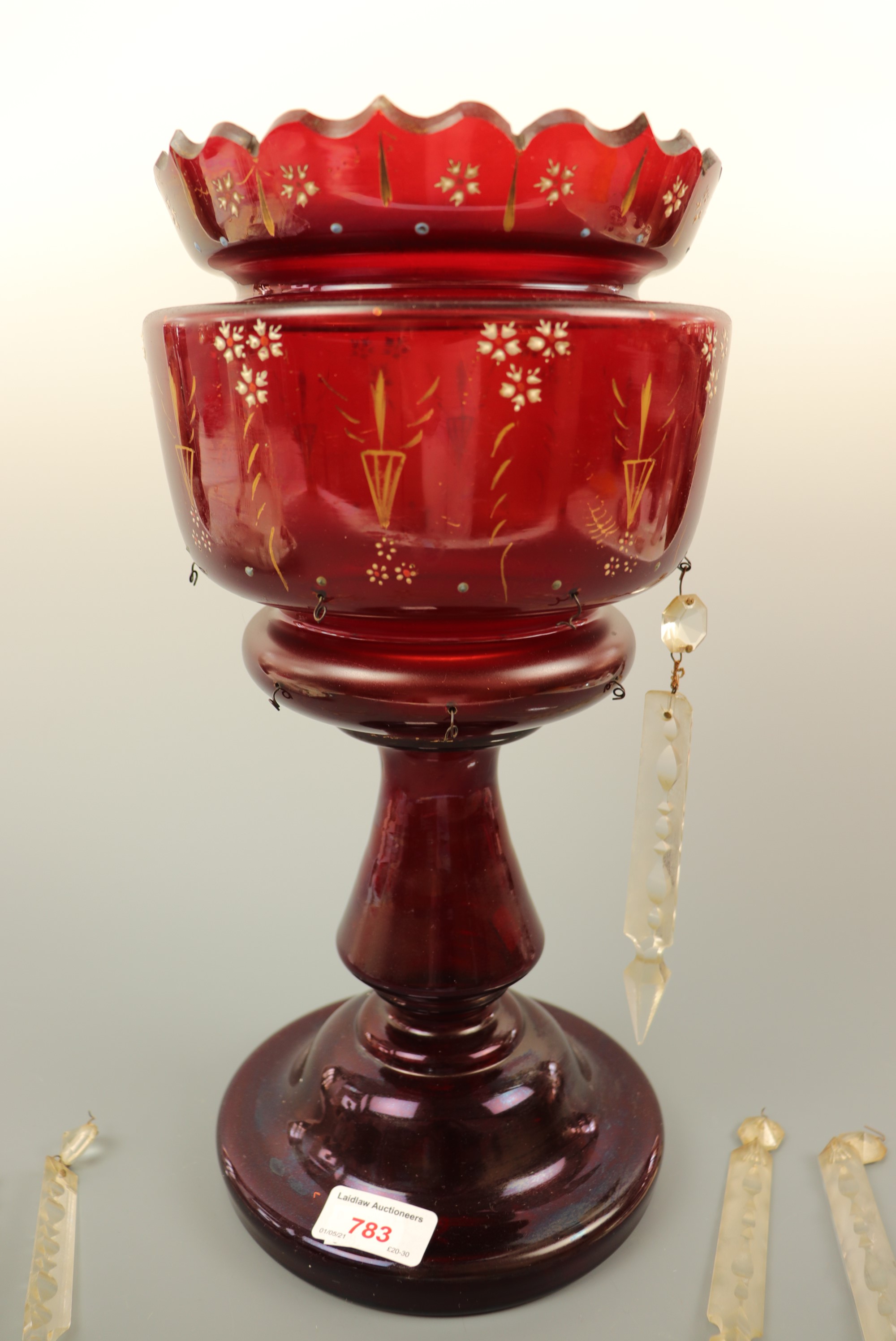 A Victorian ruby glass lustre, 36 cm high, (a/f) - Image 2 of 2