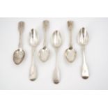 Five Georgian silver fiddle pattern tea spoons together with one other Victorian example, 149 g