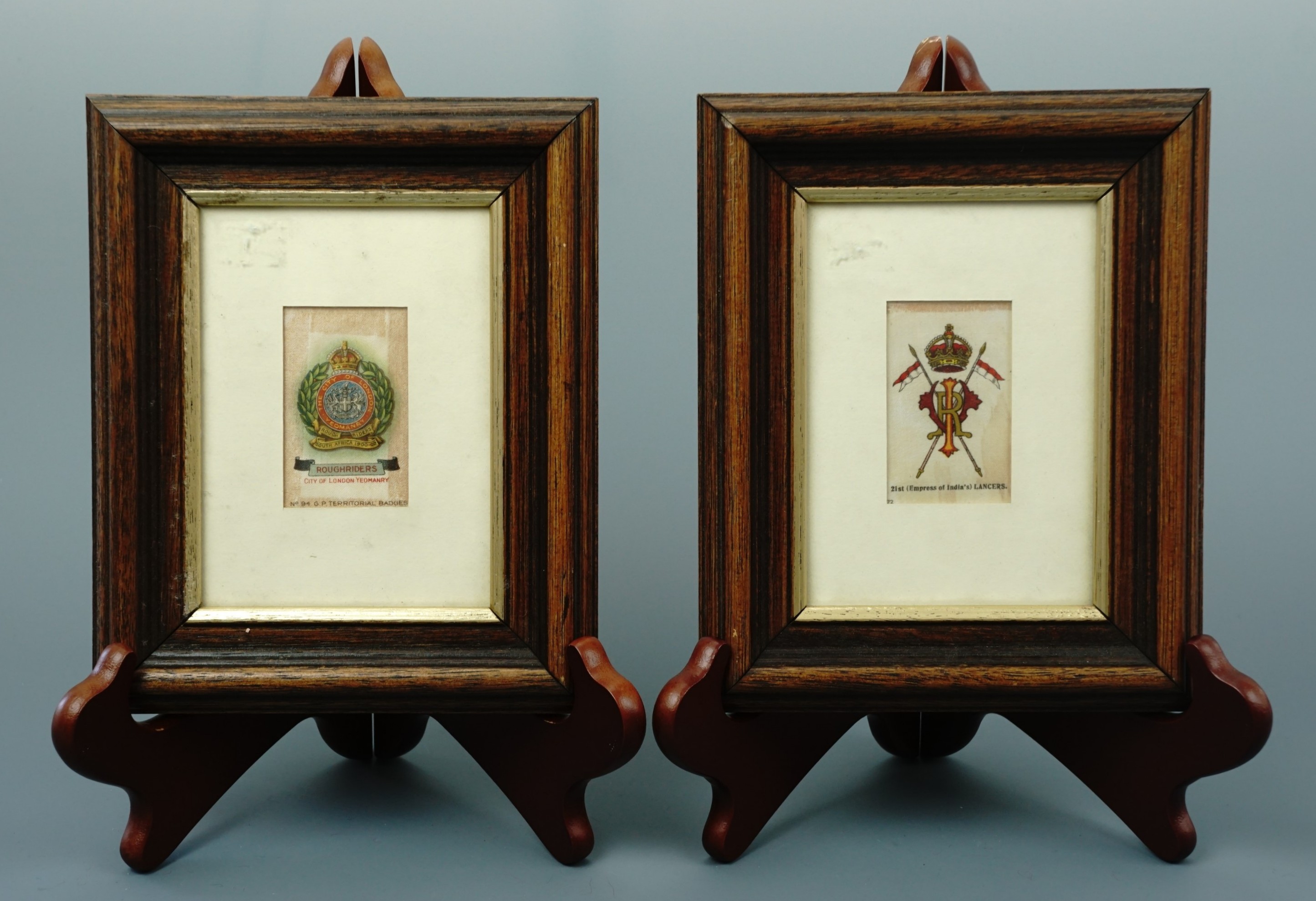 A pair of framed Great War period cigarette silks depicting Roughriders City of London Yeomanry