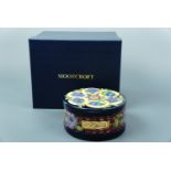 A contemporary Moorcroft limited edition covered drum form box, the decoration incorporating