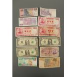 A quantity of world banknotes including a 1919 Straits Settlement emergency 10 Cents note