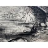 Colin Gard Allen (Welsh, 1926-1987), "Fishing at Penton Lynne [sic]", airy charcoal study of a