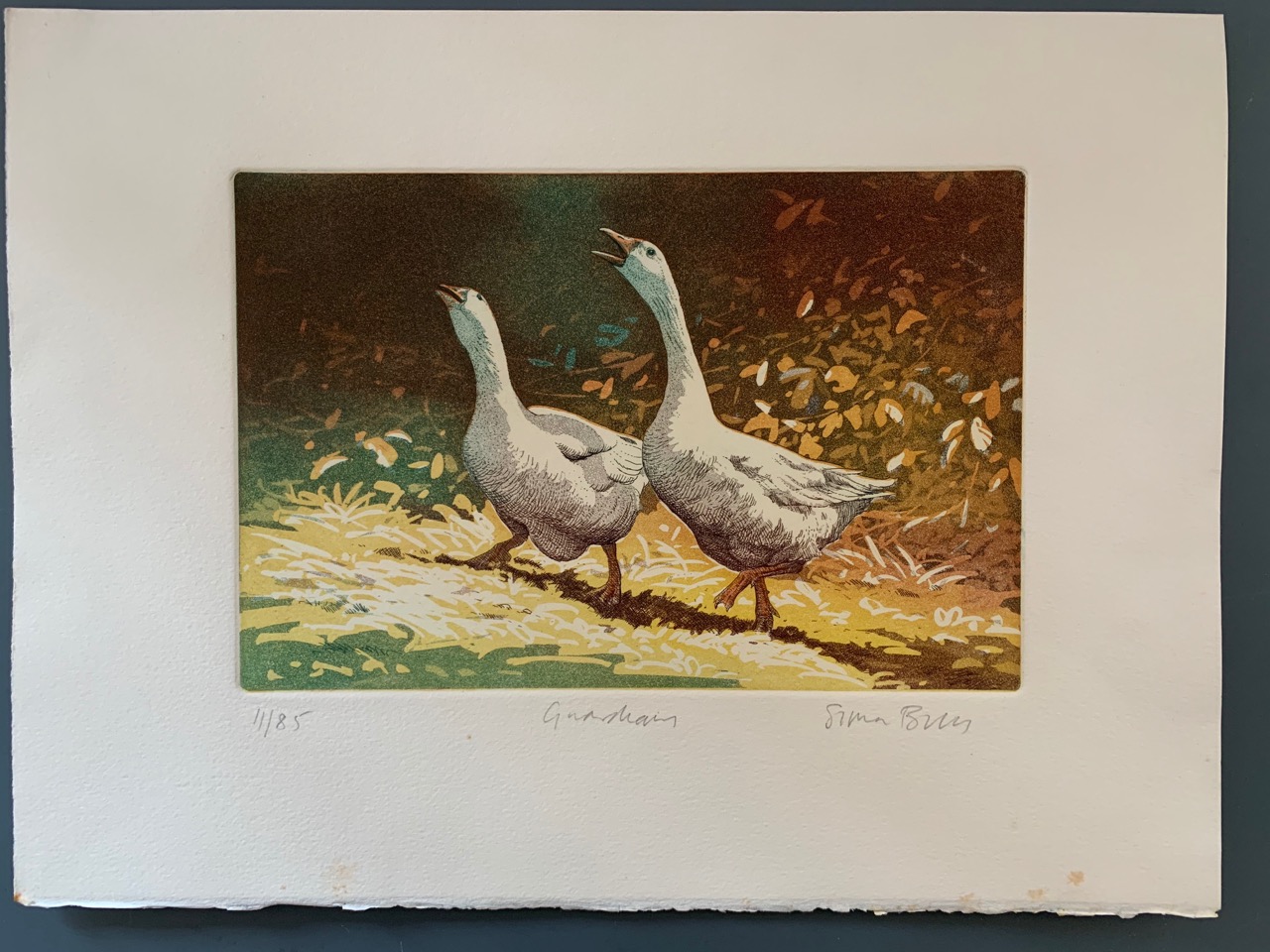 Simon Bull (b.1958), Depicting a pair of geese calling out from the edge of a forest, limited - Image 2 of 2