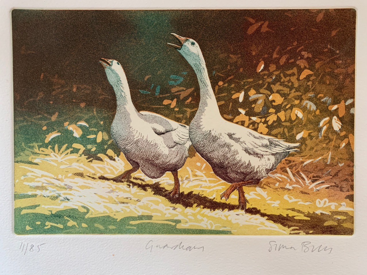 Simon Bull (b.1958), Depicting a pair of geese calling out from the edge of a forest, limited
