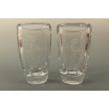 A pair of Orrefors glass vases of subtly tapering form leading away from a squircle section rim,