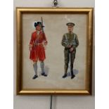 A watercolour study of late 17th Century and Great War soldiers, circa 1900, in gilt frame under