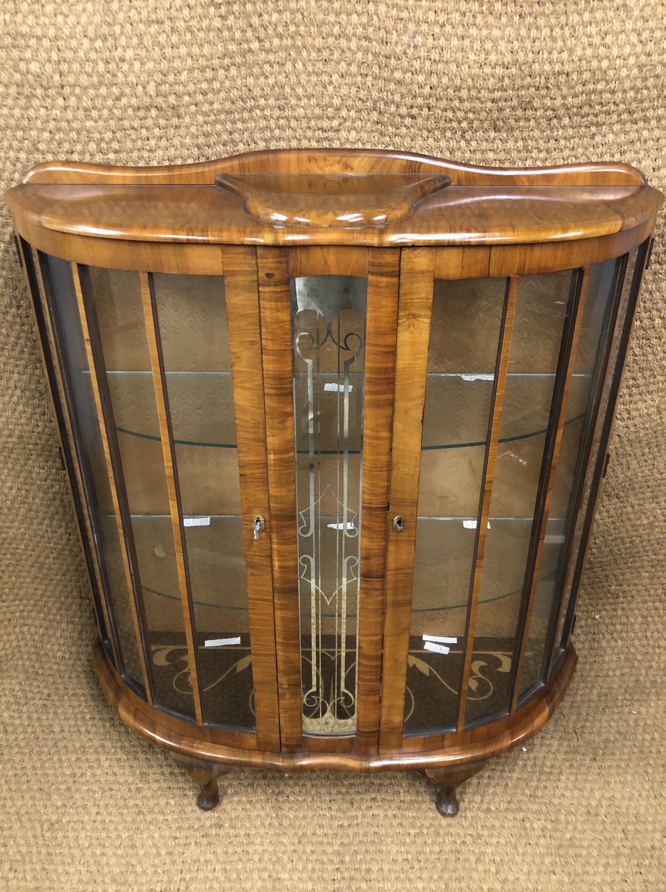 A George V / George VI glazed walnut bow-fronted display cabinet, 114 cm x 121 cm high - Image 2 of 2