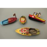 Four vintage tinplate toy boats, including "Speedo", "Full-Speed Boat" and "Harbour Tug", 18 cm