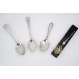 Four antique silver spoons, including an anointing spoon, London, 1902, a tea caddy spoon,
