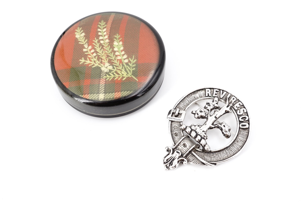 A Scottish costume plaid brooch and a vintage powder box, with mirror to the inside cover
