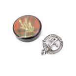 A Scottish costume plaid brooch and a vintage powder box, with mirror to the inside cover
