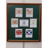 A Framed display of cards depicting the regimental colours of the Highland Light Infantry, 33 cm x