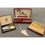 A Cooper Ludlum canteen of cutlery together with a cased dessert set, boxed fish eaters etc.