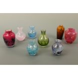 Eight various studio glass vases, tallest 12 cm