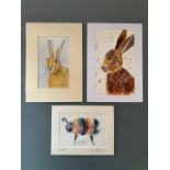 (Contemporary), Two watercolour hare portraits, and a study of a bumble bee, each indistinctly