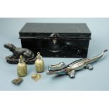 A vintage black Japanned deed box together with a enamelled novelty nut cracker in the form of a