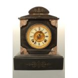 A Victorian polished slate mantle and pink marble clock, (replacement quartz movement), 37 cm high