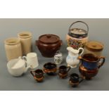 A quantity of ceramics including a biscuit barrel, lustre jugs etc.