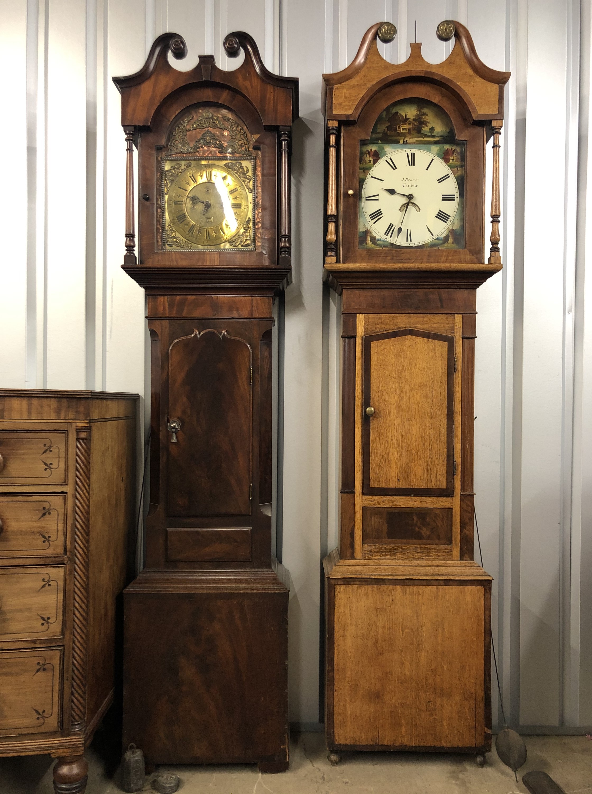 J Rennie, Carlisle, A 30-hour painted face long case clock in mahogany cross-banded oak case, 220