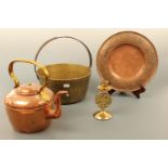 A brass jam pan, 27 cm diameter, a copper kettle, candle stick and copper plaque