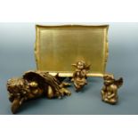 Three gilt cherubs together with a gilt tray, (free of damage)