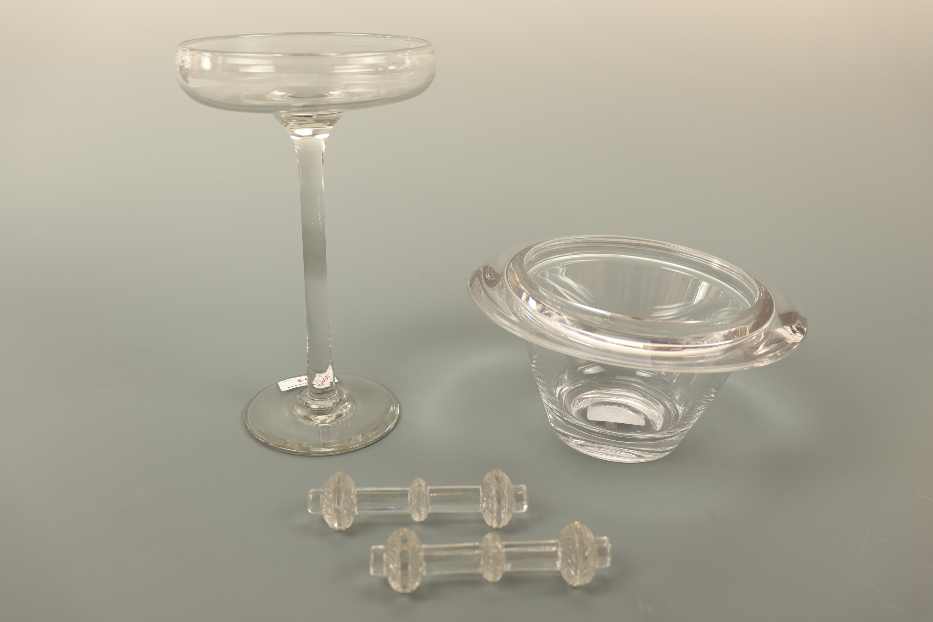 A pair of glass knife rests, a vase etc.