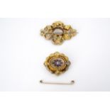 Two Victorian yellow metal brooches together with a stick pin, (a/f), 20 g