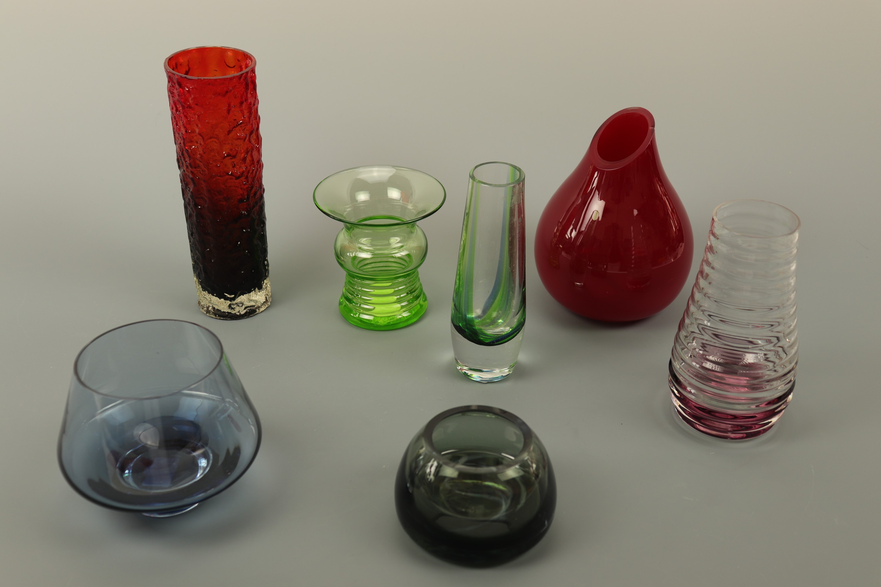 1960s Whitefriars style glass vase, 21 cm high, three other vases etc (red vase has a small rim