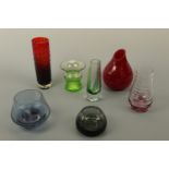 1960s Whitefriars style glass vase, 21 cm high, three other vases etc (red vase has a small rim