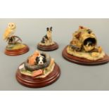 Four Border Fine Art figurines, "Let Sleeping Dogs Lie", JH 36, "Tyred Out", RR 01, "Collie Dog" (