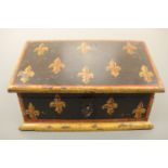 A modern stationary box of antique style, black lacquered with hand painted fleur-de-lis decoration,