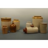 Antique stoneware jars, a bottle and hot water bottle