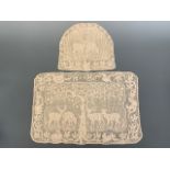 A Victorian hunt crocheted lace tea tray cloth and cosy, the design incorporating stags, squirrels