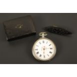 A Victorian lady's white metal fob watch (a/f), together with a French jet navette shaped brooch and